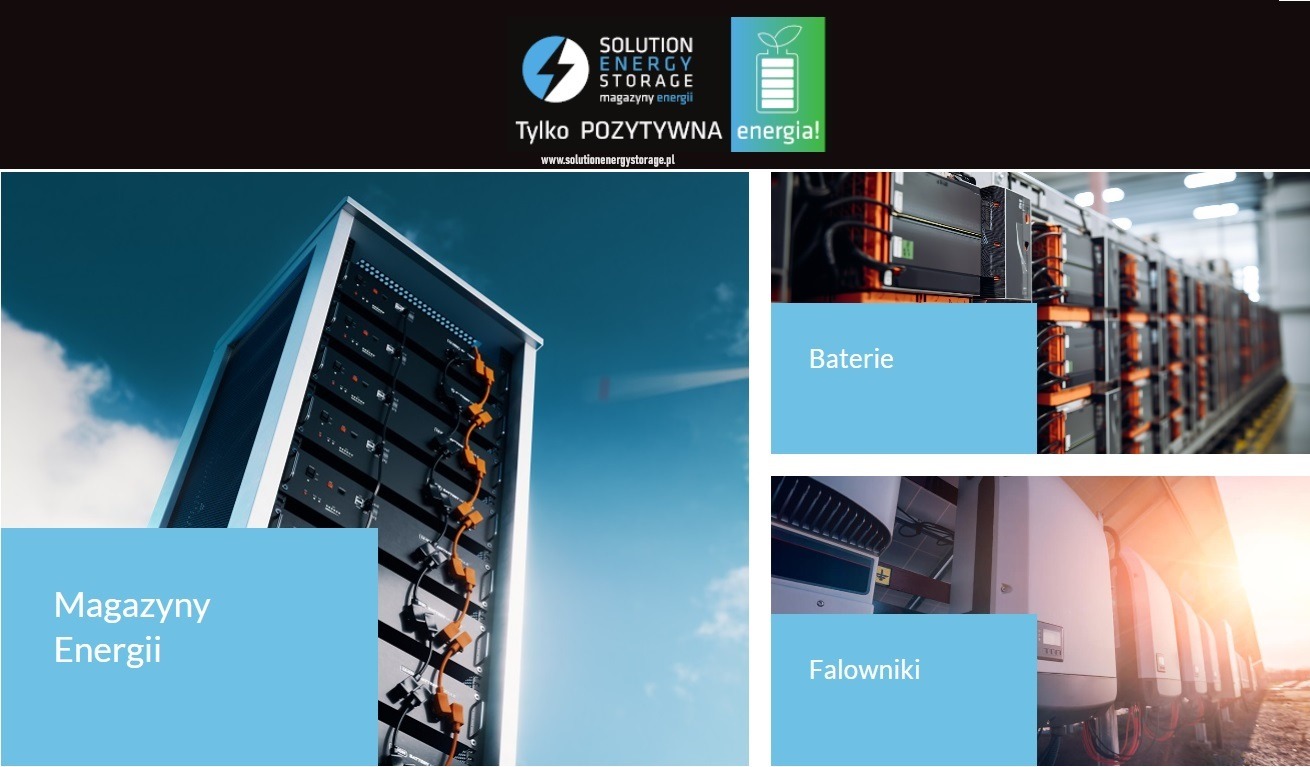 Kompilacja zdjęć przedstawiająca magazyny energii, baterie i falowniki firmy Solution Energy Storage z logo i nazwą firmy na czarnym pasku u góry.