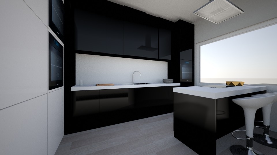 Wizualizacja nowoczesnej kuchni w czerni i bieli z wyspą, minimalistycznymi szafkami i białymi hokerami, oświetlona naturalnym światłem z okna.