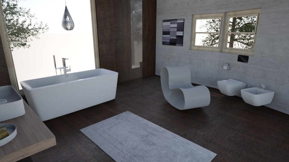 Nowoczesna łazienka z wolnostojącą wanną, toaletą, bidetem, designerskim krzesłem i dywanikiem na drewnianej podłodze, oświetlona przez okno z widokiem na drzewa.