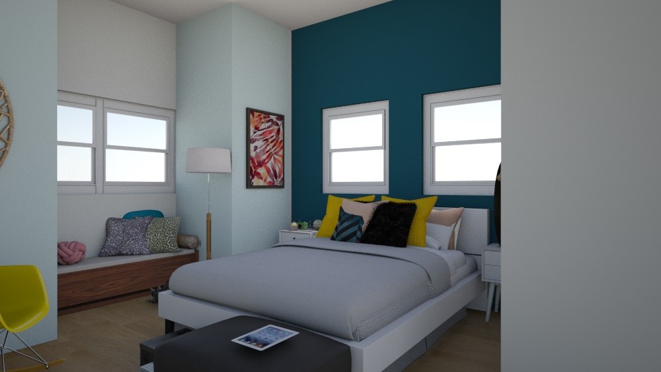 Wizualizacja sypialni z niebieską ścianą, białymi oknami, łóżkiem z szarą pościelą i żółtym krzesłem bujanym w rogu, fotel z tabletem na dole łóżka.