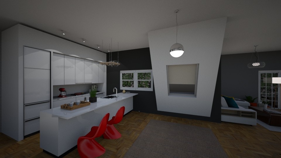 Wizualizacja nowoczesnej kuchni z białymi szafkami, wyspą z czerwonymi krzesłami barowymi, oświetleniem punktowym i wiszącymi lampami, widok na salon z oknami.
