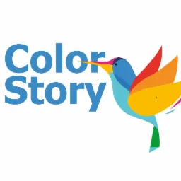 Graficzne logo firmy 'Color Story' przedstawiające stylizowanego, kolorowego kolibra z abstrakcyjnymi piórami w odcieniach czerwieni, pomarańczy i żółci, umieszczone na białym tle.