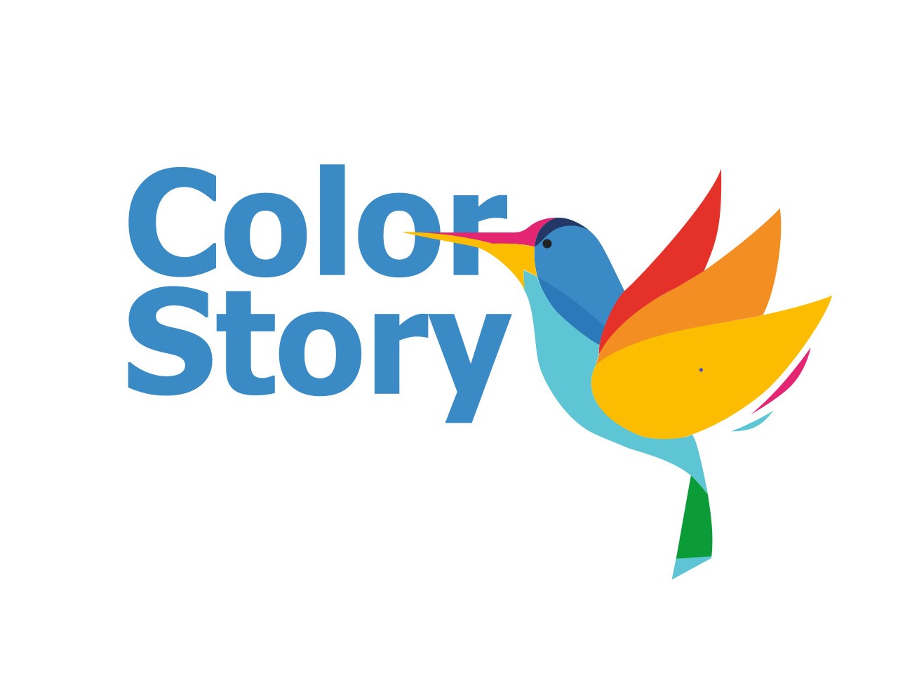 Graficzne logo firmy 'Color Story' przedstawiające stylizowanego, kolorowego kolibra z abstrakcyjnymi piórami w odcieniach czerwieni, pomarańczy i żółci, umieszczone na białym tle.