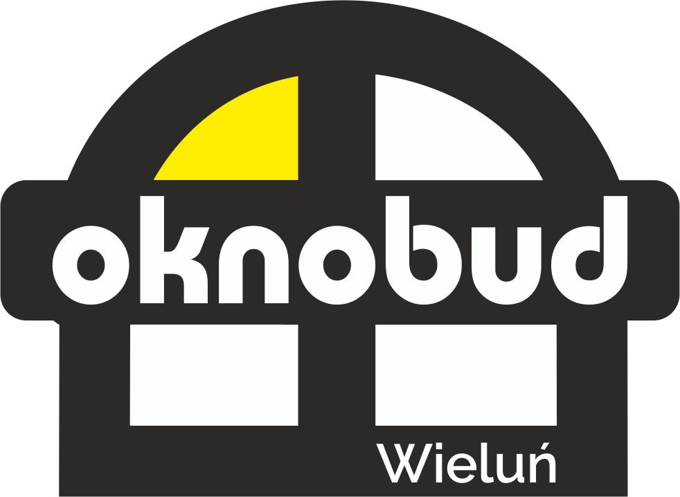 Logo firmy Oknobud z Wielunia, czarno-białe z żółtym akcentem, stylizowane na okno.