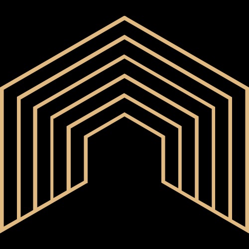 Abstrakcyjna grafika: szeregowo ułożone, beżowe kontury domów, tworzące tunel na czarnym tle.