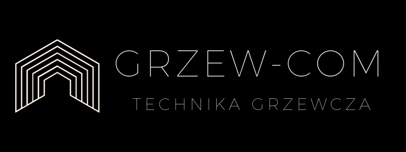 Minimalistyczne logo firmy Grzew.com specjalizującej się w technice grzewczej, na czarnym tle.