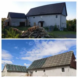 Dwa ujęcia tego samego budynku; górne przedstawia budynek z ciemnym dachem i stertą drewna przed nim, dolne ukazuje dach w trakcie układania, z widoczną konstrukcją pod pokryciem.