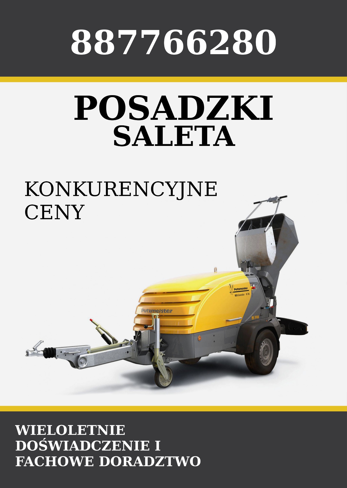 Reklama firmy oferującej posadzki, prezentująca maszynę do wylewania jastrychu marki Putzmeister M 740, z informacją o konkurencyjnych cenach i wieloletnim doświadczeniu.