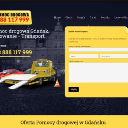 Strona internetowa firmy oferującej pomoc drogową w Gdańsku, z widoczną lawetą i rozbitym czerwonym samochodem na tle gdańskiej starówki oraz z żółtym formularzem kontaktowym.