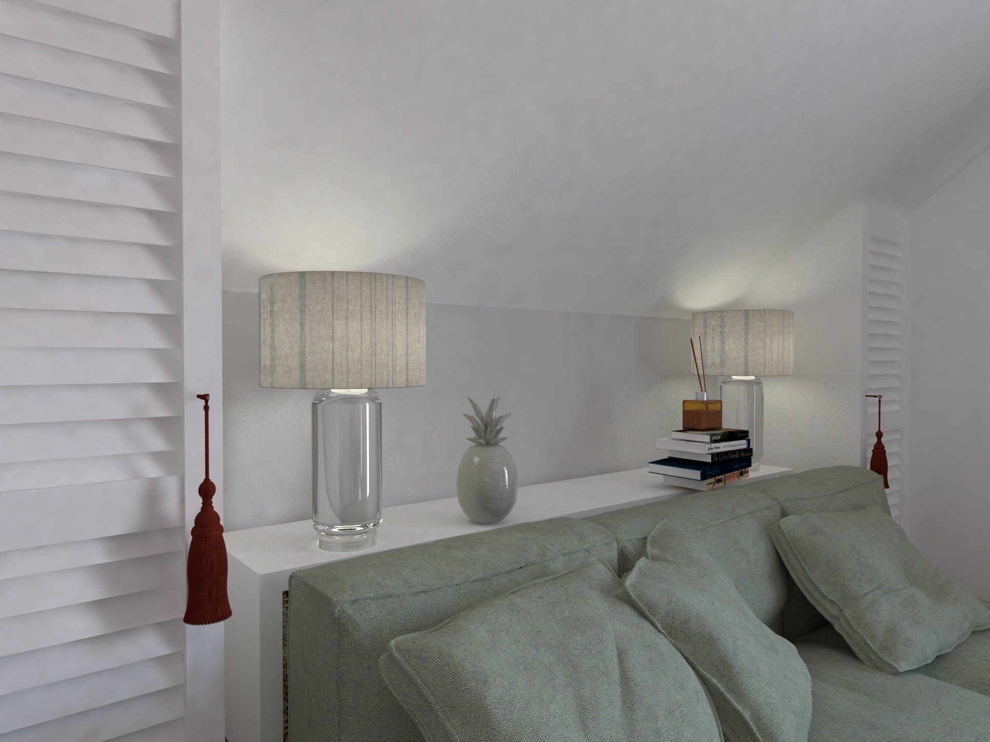 Jasne wnętrze: sofa w odcieniach zieleni, białe żaluzje, lampy z abażurami i dekoracje na półce w skandynawskim stylu.