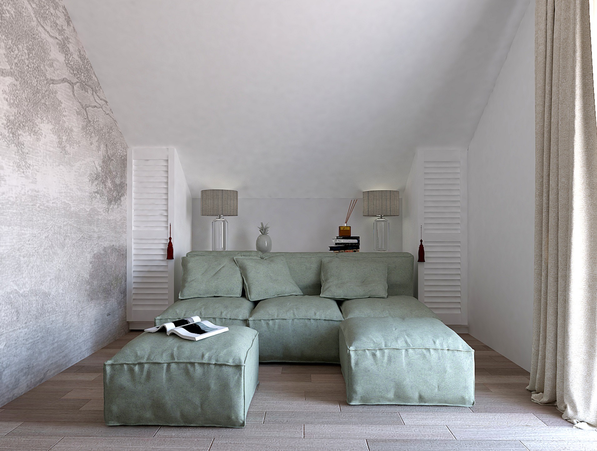 Jasne poddasze z minimalistycznym wystrojem: modułowa sofa w odcieniach zieleni, drewniana podłoga, ściana z tapetą w motywy drzew i lampy stołowe z szarymi abażurami.