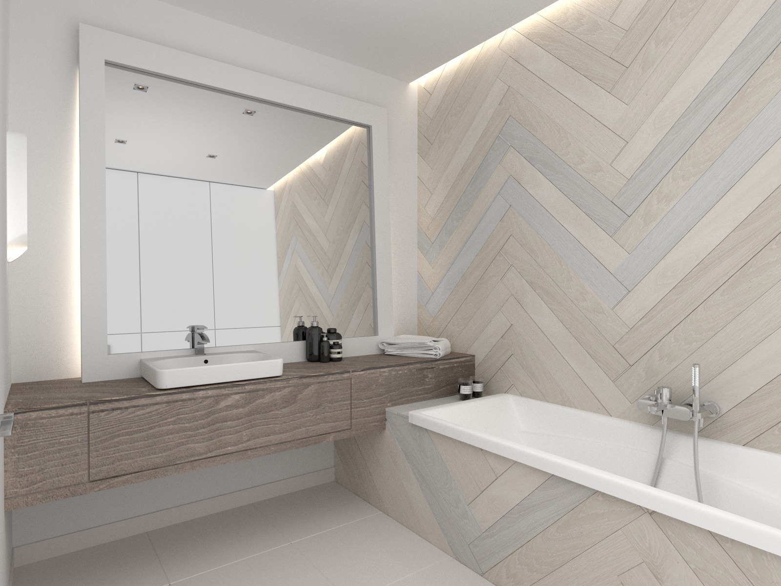 Nowoczesna łazienka z drewnianą ścianą ułożoną w jodełkę, podświetlane lustro nad blatem z umywalką, minimalistyczna wanna.