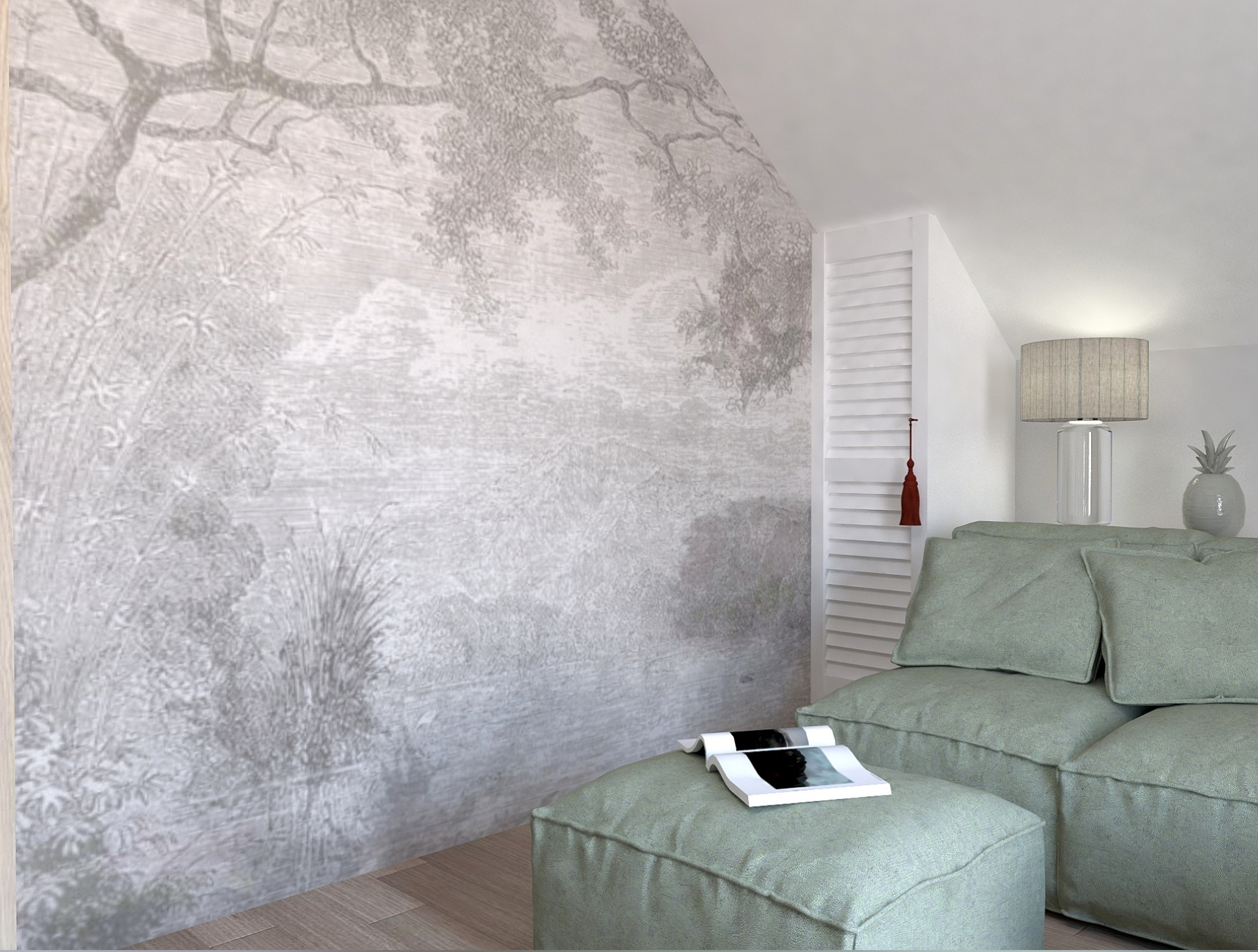 Pokój na poddaszu z fototapetą w stylu vintage przedstawiającą drzewa i jezioro, miękkim, zielonym siedziskiem z poduszkami i otwartą książką, białą lampą stołową oraz dekoracyjną figurką ananasa.