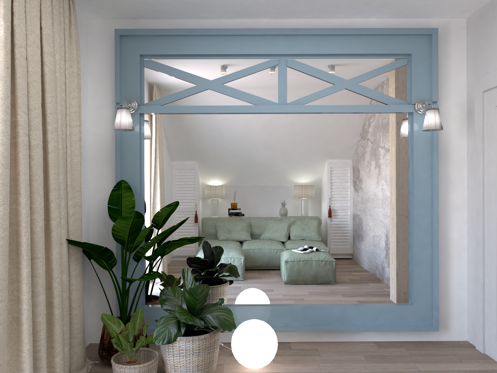 Salon w pastelowych odcieniach widziany przez dekoracyjną ramę z drewnianymi krzyżulcami, z roślinami doniczkowymi na pierwszym planie i sofą modułową w tle.