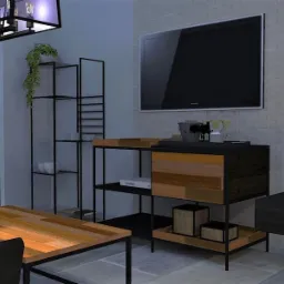 Wizualizacja salonu z telewizorem na ścianie z cegły, drewnianym stolikiem kawowym i półkami z metalowymi ramami, oświetlona przez nowoczesny żyrandol.