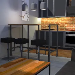 Wizualizacja nowoczesnej kuchni z ceglaną ścianą, oświetleniem punktowym i wysokimi stołkami barowymi przy drewnianym blacie.