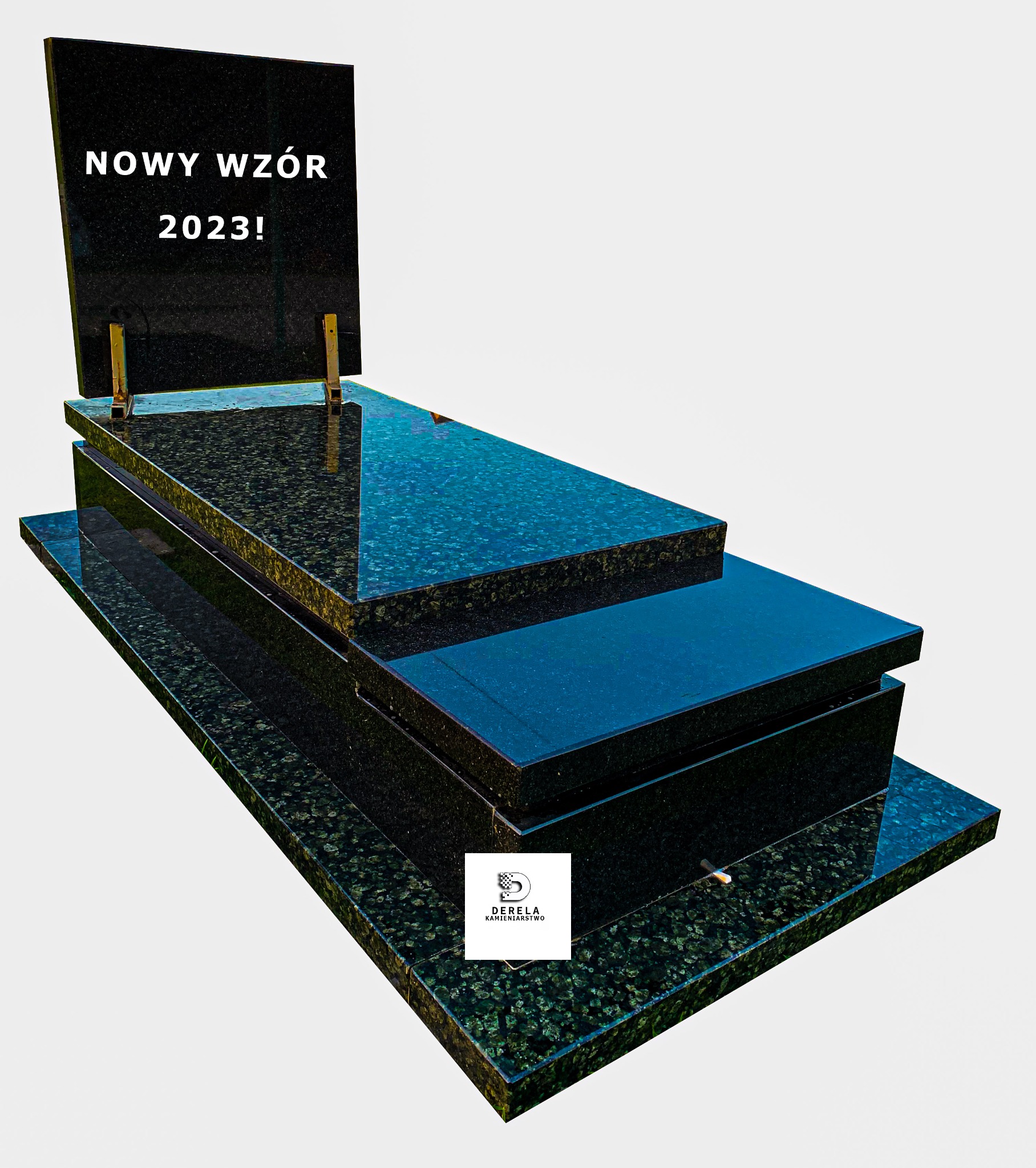 Czarny, polerowany pomnik z napisem 'Nowy Wzór 2023!', widoczny z boku, z logo firmy kamieniarskiej w prawym dolnym rogu.
