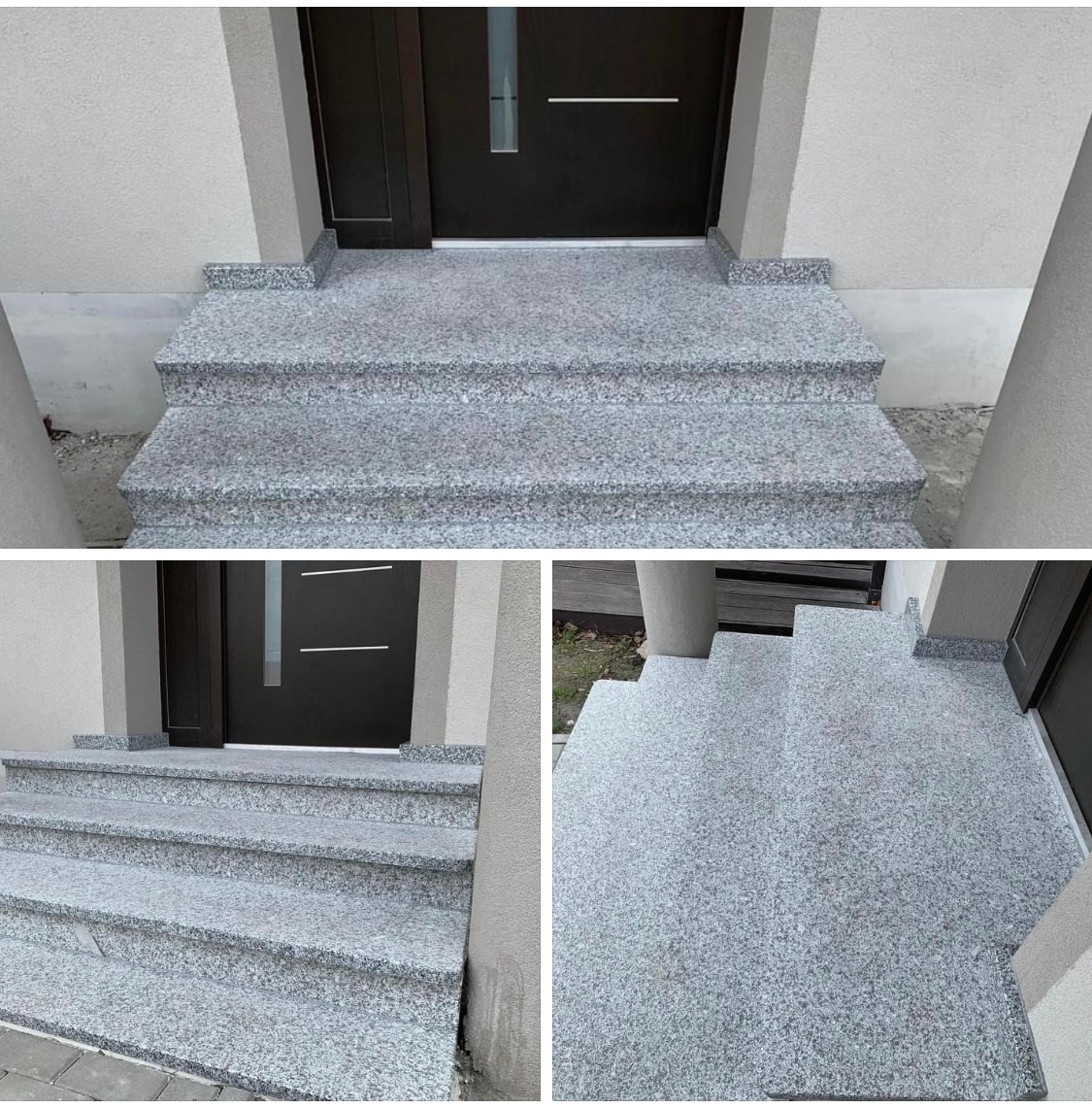 Zewnętrzne schody wejściowe, wykończone jasnoszarym kamieniem z drobnym ziarnem, prowadzące do ciemnych drzwi wejściowych, widok z trzech różnych perspektyw.