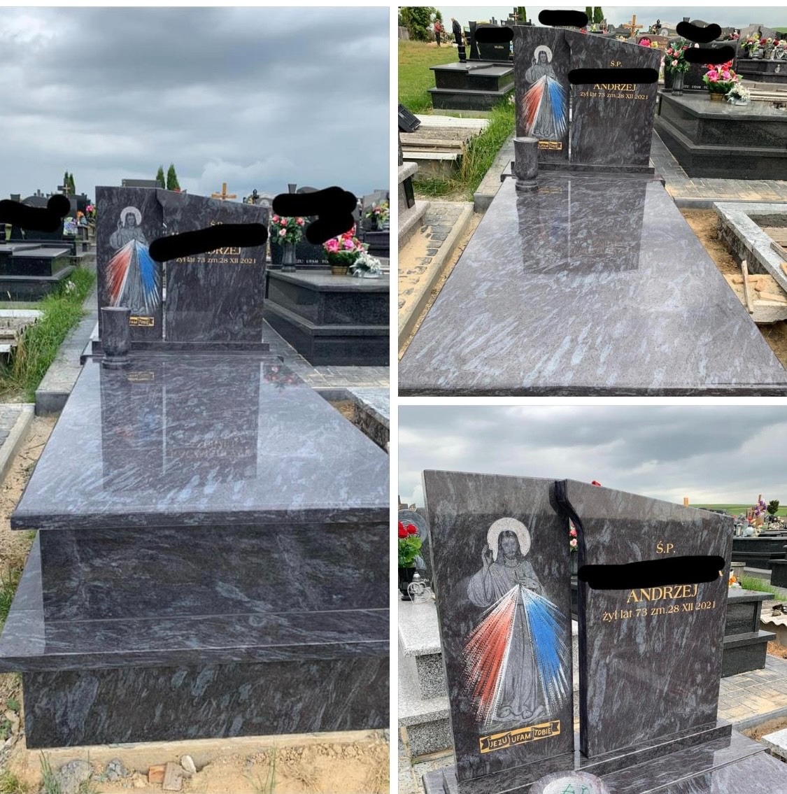 Granitowy pomnik nagrobny z wizerunkiem Jezusa Miłosiernego i inskrypcją 'S.P. ANDRZEJ żył lat 73 zm.28 XII 2021' na cmentarzu, widok z różnych perspektyw.