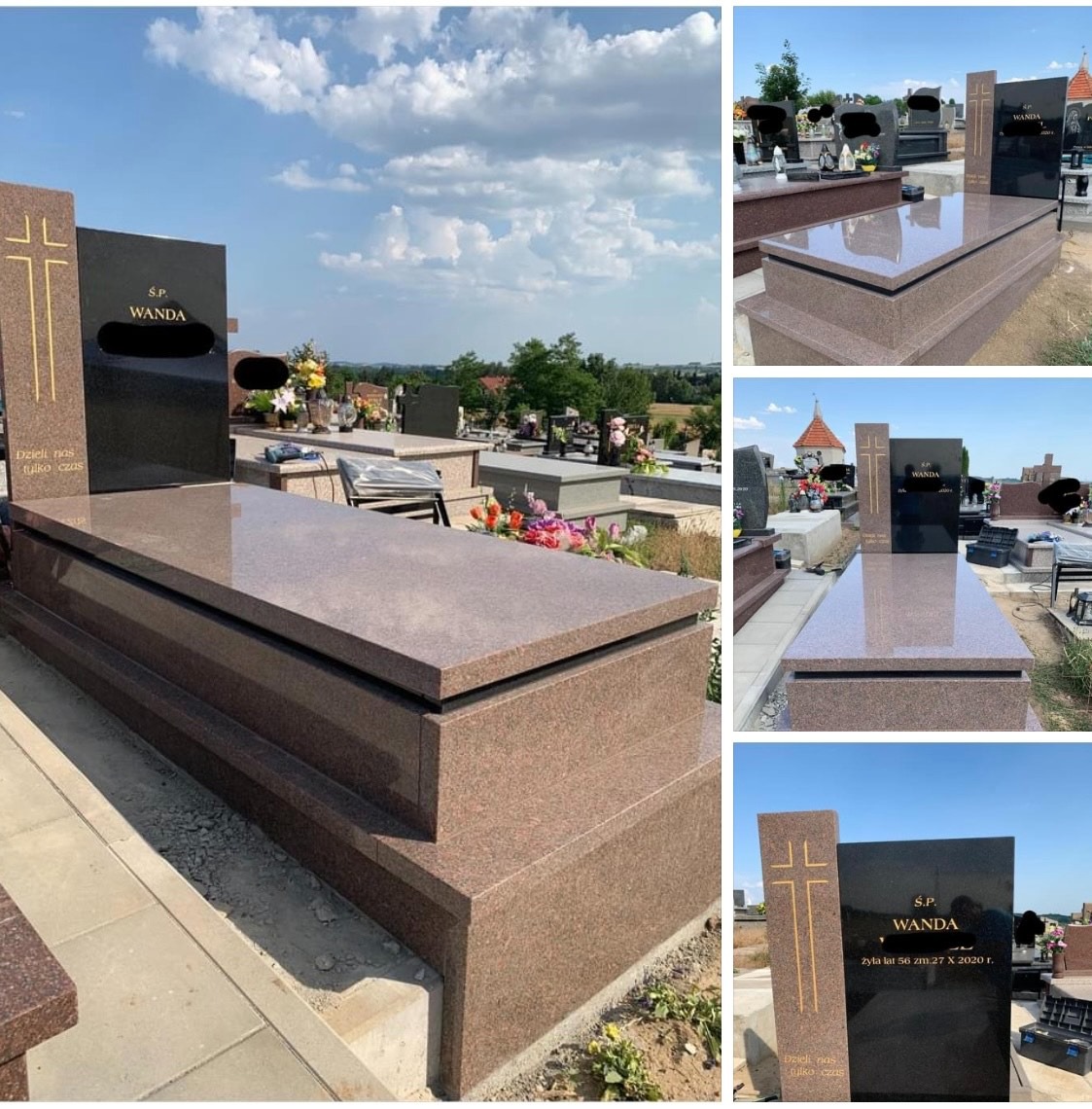 Granitowy pomnik nagrobny w odcieniach brązu i czerni z wyrytym krzyżem i inskrypcją 'S.P. Wanda', otoczony innymi nagrobkami na cmentarzu w słoneczny dzień.