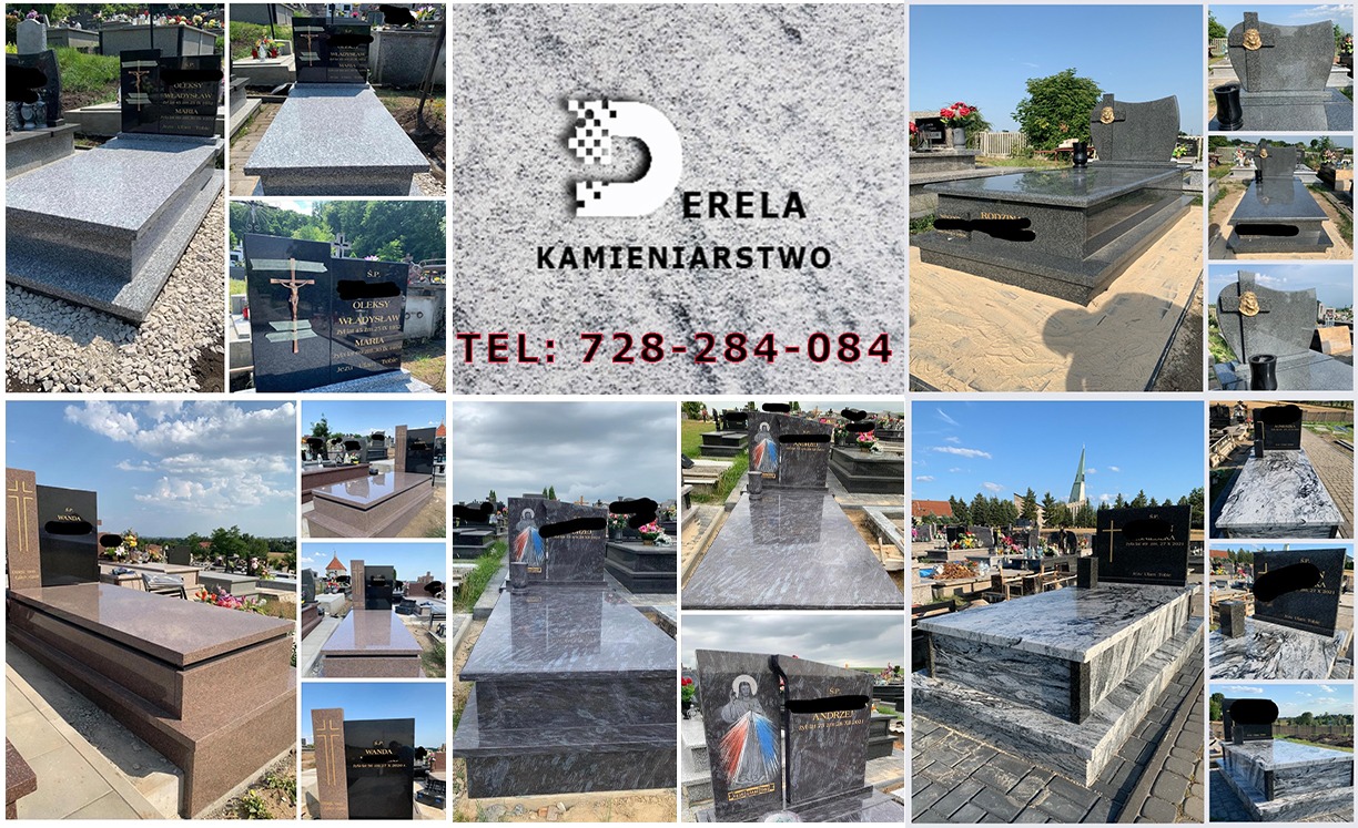 Kolaż zdjęć przedstawiający różne wzory i realizacje pomników nagrobnych z jasnego i ciemnego granitu, prezentowane na cmentarzu, z logo firmy kamieniarskiej i numerem telefonu w centralnej części.