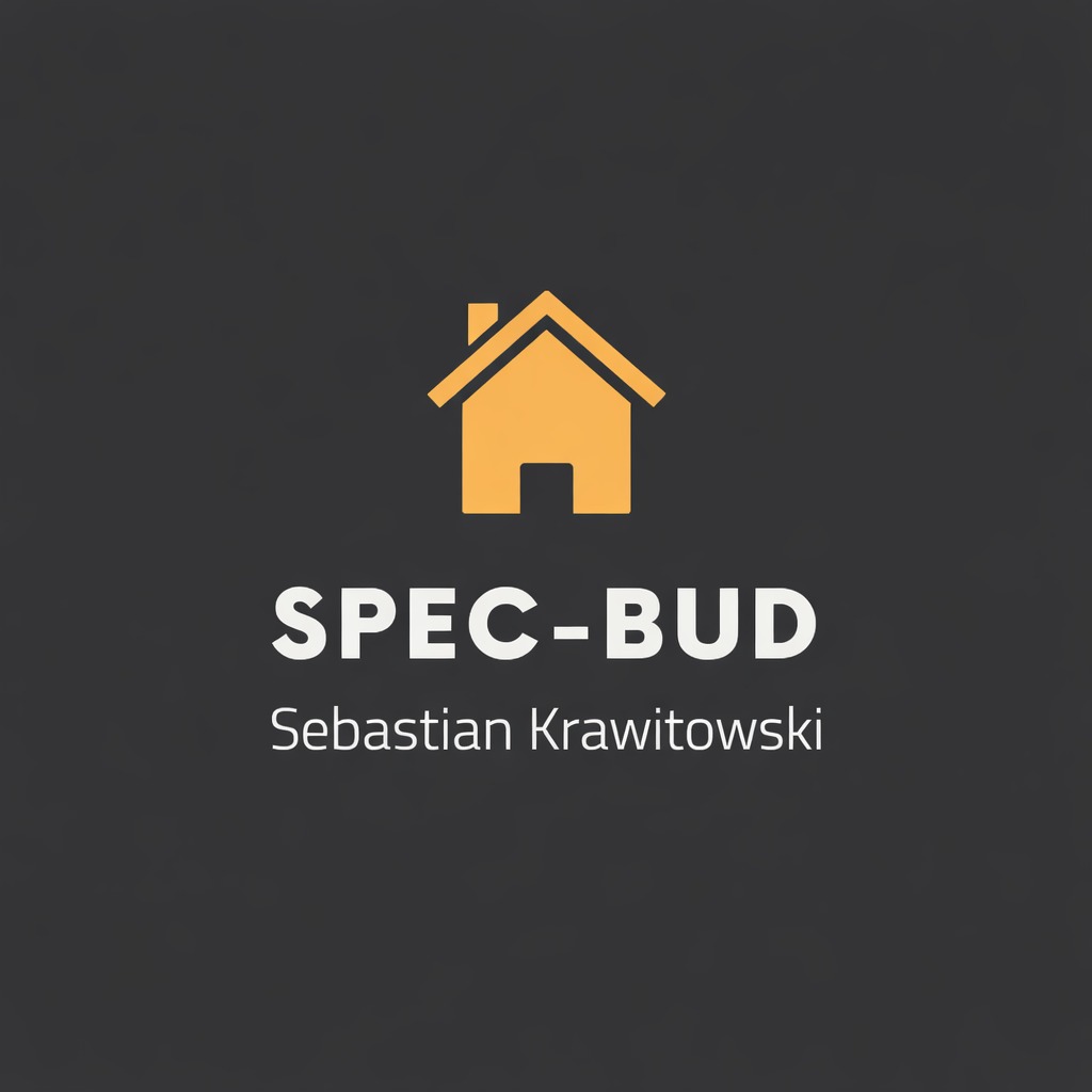 Żółty ikona domu nad nazwą firmy 'SPEC-BUD Sebastian Krawitowski' na ciemnoszarym tle. Minimalistyczny design logo budowlanego.