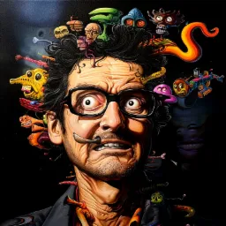 Karykaturalny portret mężczyzny w okularach z wyrazem przerażenia, otoczonego surrealistycznymi postaciami i kształtami, tworzącymi wizualny chaos w ciemnym otoczeniu.