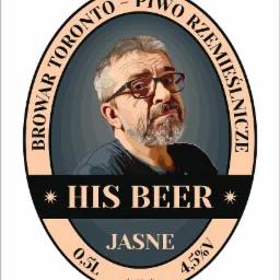 Ilustracja etykiety piwa rzemieślniczego 'His Beer' z portretem mężczyzny w okularach, otoczonego napisem 'Browar Toronto - Piwo Rzemieślnicze', z informacjami o pojemności 0,5l i zawartości...