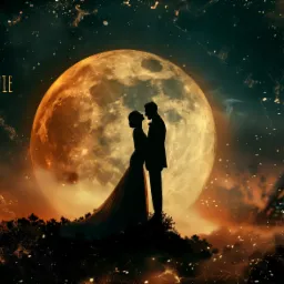 Silueta pary młodej na tle ogromnego, pomarańczowego księżyca i ciemnego nieba z drobnymi, złotymi iskierkami, z napisem 'Razem jest bajecznie' w górnym lewym rogu.