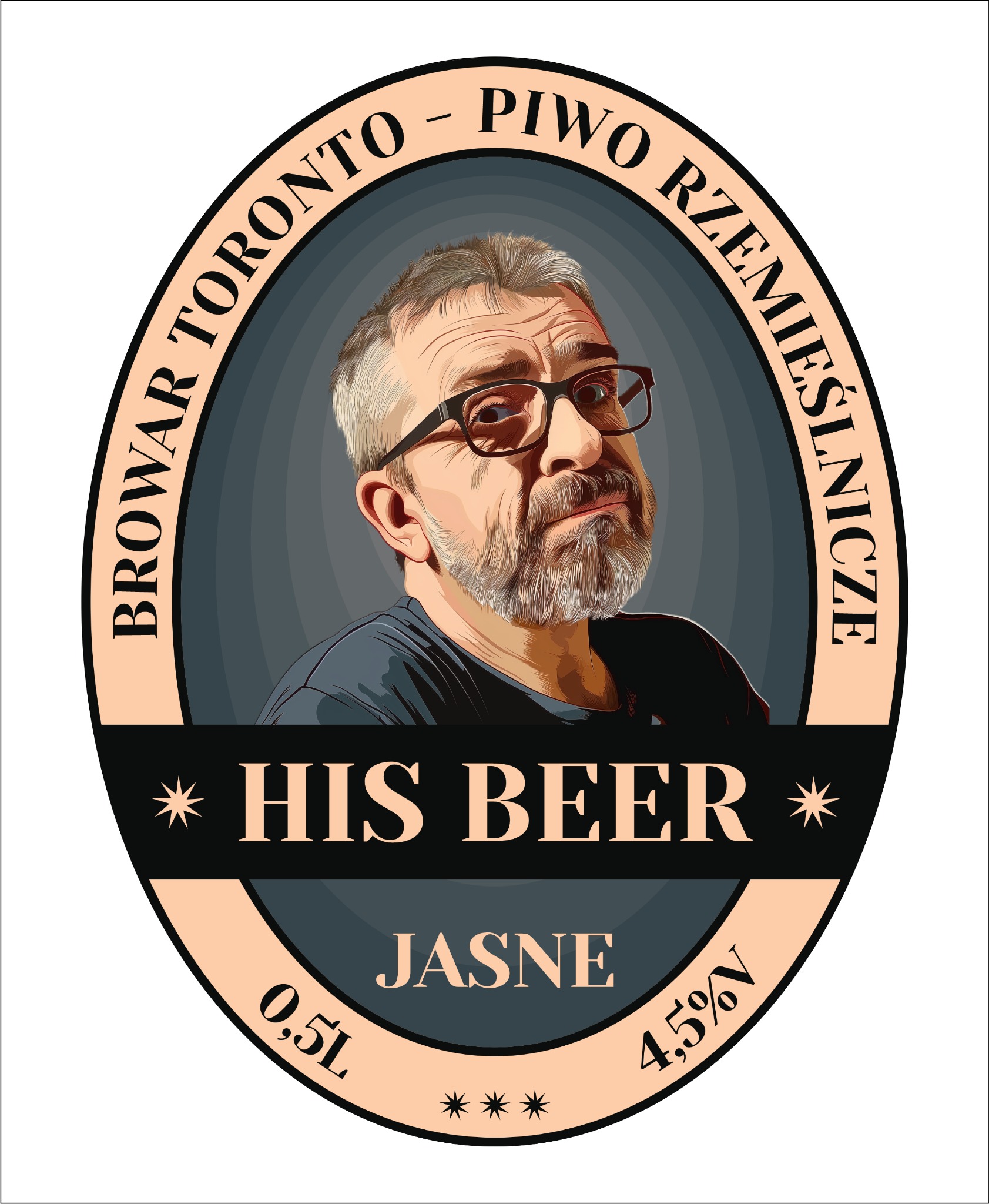 Ilustracja etykiety piwa rzemieślniczego 'His Beer' z portretem mężczyzny w okularach, otoczonego napisem 'Browar Toronto - Piwo Rzemieślnicze', z informacjami o pojemności 0,5l i zawartości...