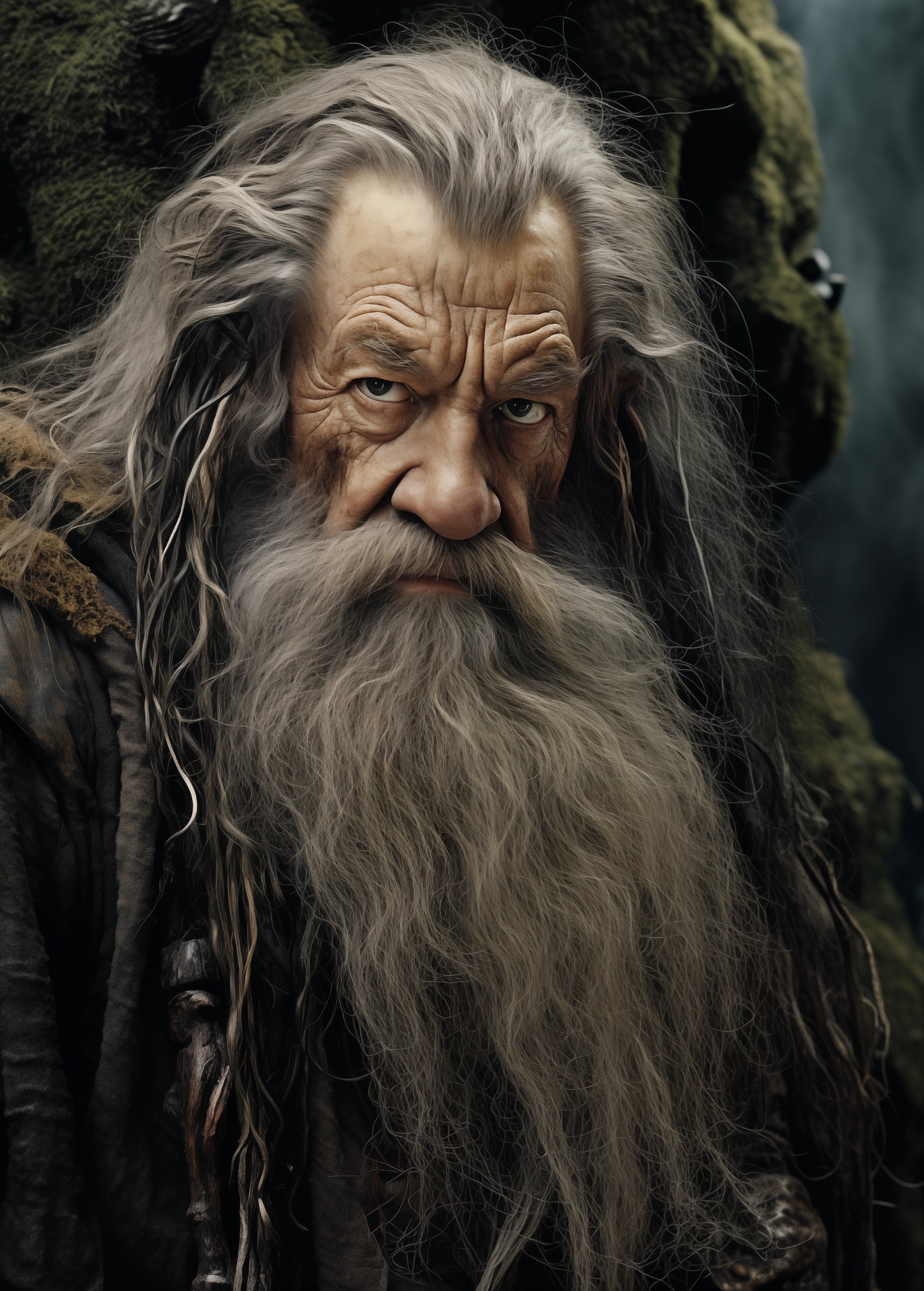 Portret cyfrowy mężczyzny z długą siwą brodą i włosami, surowy wyraz twarzy, w mrocznym otoczeniu.