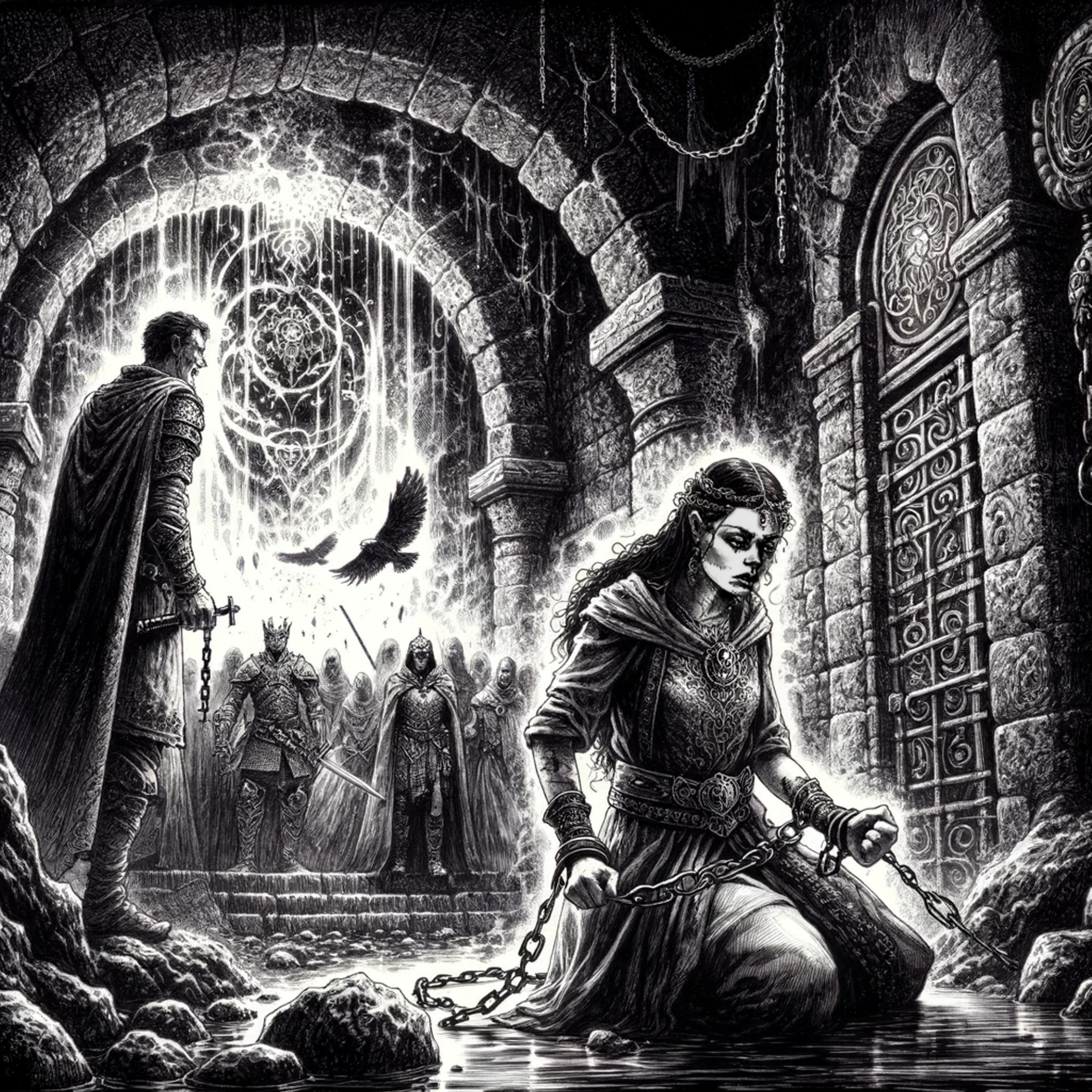 Czarno-biała ilustracja fantasy przedstawiająca kobietę skutą łańcuchami w lochu, z grupą strażników i magiem w tle, przed magicznie oświetlonym portalem.