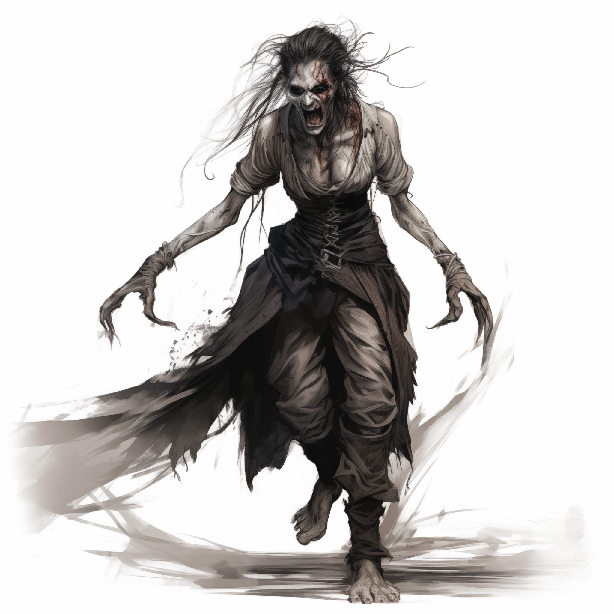 Cyfrowa ilustracja przerażającej, wychudzonej postaci kobiety z rozczochranymi włosami, ziejącej pustką oczu i krwawiącą raną na skroni, ubrana w podarte szaty i z długimi, kościstymi palcami...