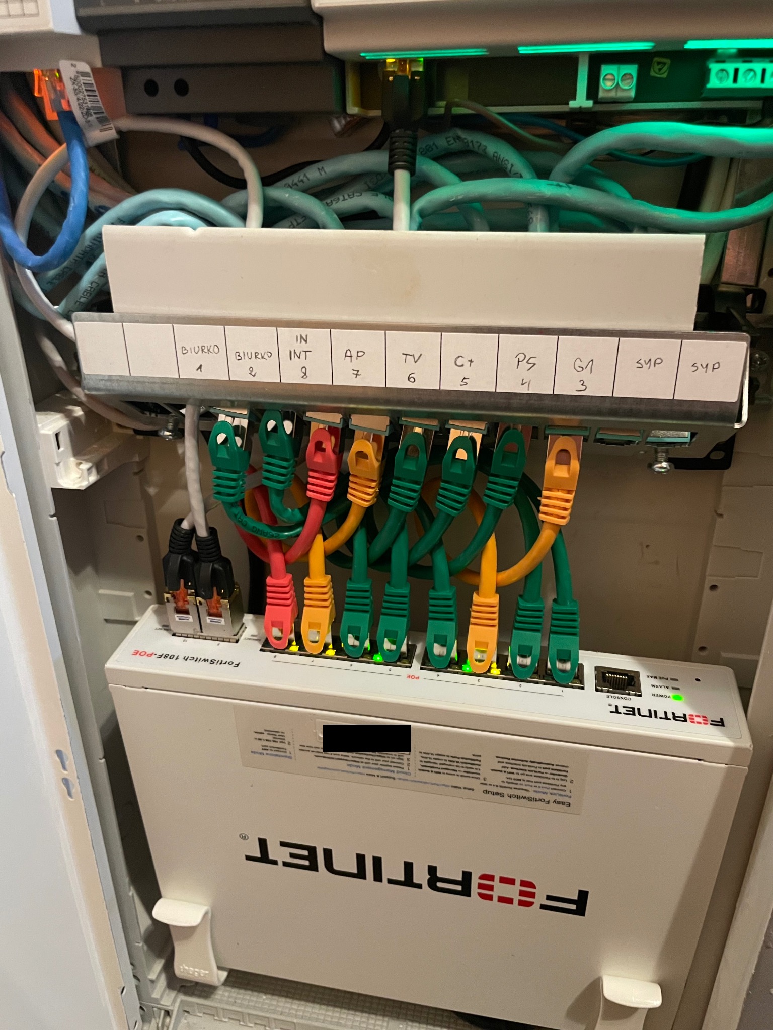 Panel krosowniczy Fortinet z podłączonymi kablami Ethernet o różnych kolorach (zielony, czerwony, żółty) oznaczonymi etykietami 'Biurko 1', 'Biurko 2', 'IN INT', 'AP', 'TV', 'C+', 'PS', 'G1', 'SYP'...