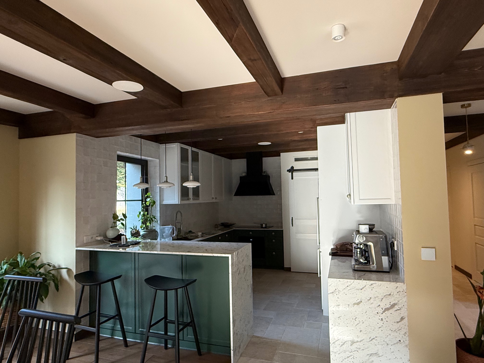 Nowoczesna kuchnia z zielonymi szafkami, marmurowym blatem i drewnianymi belkami stropowymi, oświetlona punktowymi lampami sufitowymi.