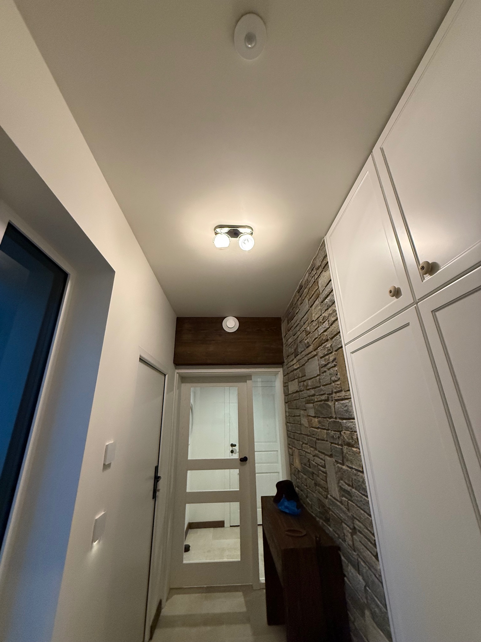 Wnętrze przedpokoju z zabudową szaf, kamienną ścianą, oświetleniem sufitowym i drzwiami z przeszkleniami.