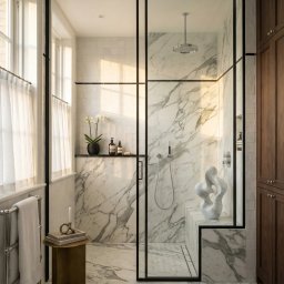 SUN HOUSE DESIGN SPÓŁKA Z OGRANICZONĄ ODPOWIEDZIALNOŚCIĄ - Elegancka łazienka z kabiną prysznicową typu walk-in, marmurowymi ścianami i podłogą w czarno-białą mozaikę. Na blacie rzeźba i kosmetyki, obok okno z zasłonką.