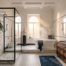 SUN HOUSE DESIGN SPÓŁKA Z OGRANICZONĄ ODPOWIEDZIALNOŚCIĄ - Elegancka łazienka w Warszawie: kabina prysznicowa ze szklaną ścianą, wolnostojąca wanna, marmurowe wykończenia i dekoracyjne popiersia. Luksusowy wystrój.