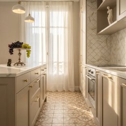 SUN HOUSE DESIGN SPÓŁKA Z OGRANICZONĄ ODPOWIEDZIALNOŚCIĄ - Beżowa kuchnia w stylu klasycznym z marmurowym blatem, owocami w paterze i dekoracyjną figurką sowy. Na ścianie płytki w marokański wzór. Podłoga w terakocie.