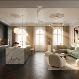 SUN HOUSE DESIGN SPÓŁKA Z OGRANICZONĄ ODPOWIEDZIALNOŚCIĄ - Eleganckie wnętrze: otwarta kuchnia z marmurową wyspą, salon z zieloną sofą i sztukaterią. Parkiet w jodełkę, nowoczesne lampy i dekoracje tworzą spójną całość.