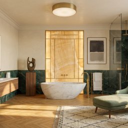 SUN HOUSE DESIGN SPÓŁKA Z OGRANICZONĄ ODPOWIEDZIALNOŚCIĄ - Luksusowa łazienka z marmurową wanną, zielonymi akcentami i drewnianymi elementami. Nowoczesne oświetlenie i stylowe dodatki tworzą elegancką przestrzeń kąpielową.