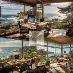 Biuro z panoramicznym widokiem na ocean, drewniane biurko z komputerem, krzesło obrotowe, naturalne światło wpadające przez duże okna.