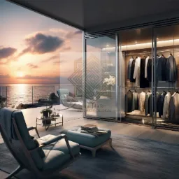 Luksusowy apartament z garderobą i widokiem na morze o zachodzie słońca, fotel z podnóżkiem na dywanie, przeszklona szafa z ubraniami.