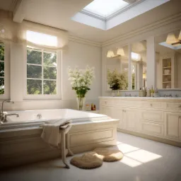 Jasna łazienka z wanną obudowaną marmurem, białymi szafkami, dużym oknem z widokiem na zieleń i świetlikiem w suficie, uzupełniona o kwiaty w wazonie i puszyste dywaniki.