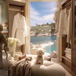 Jasna garderoba z widokiem na morze, białe ubrania wiszące w szafie, puszysty pies siedzący na pufie, bukiet białych kwiatów w wazonie, torebka i kosmetyki na stoliku.