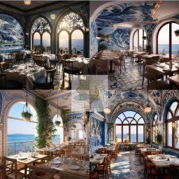 Projekt greckiej restauracji z widokiem na morze.