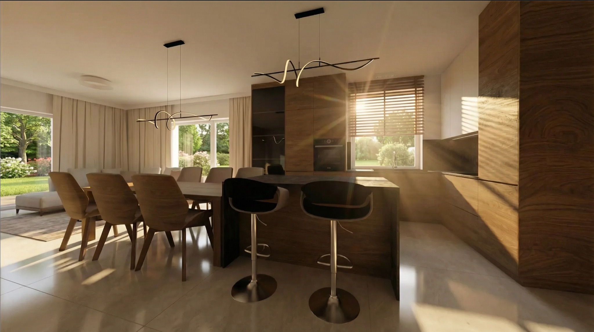 Nowoczesna kuchnia z drewnianą zabudową, wyspą i hokerami. Duże okna wpuszczają naturalne światło. Minimalistyczne lampy wiszące nad stołem i wyspą.