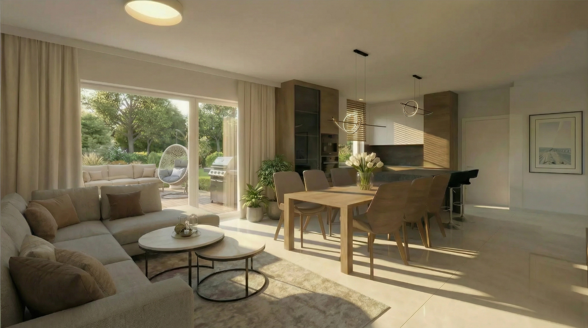 Jasne, przestronne wnętrze z narożną sofą, stołem jadalnym i widokiem na ogród przez duże okno. Minimalistyczny design, ciepłe oświetlenie i naturalne materiały.