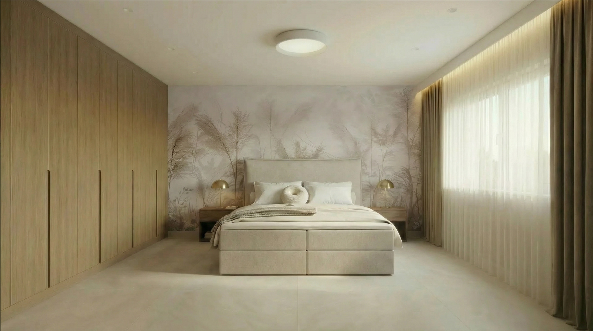 Jasna sypialnia z łóżkiem kontynentalnym, tapetą w motywy roślinne i dużą szafą w zabudowie. Minimalistyczny design z akcentami złota w lampkach nocnych.