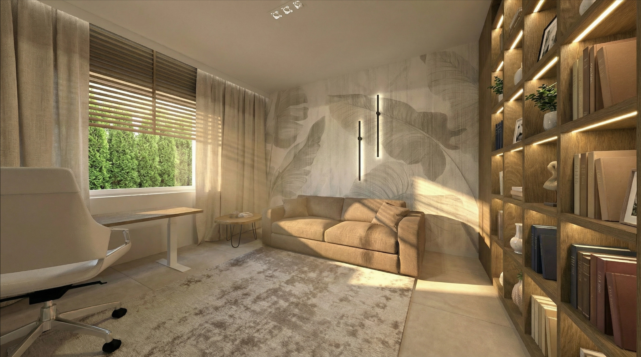 Jasne wnętrze z biurkiem, sofą i regałem z podświetleniem. Na ścianie dekoracyjny motyw roślinny. Stonowana kolorystyka i naturalne światło.